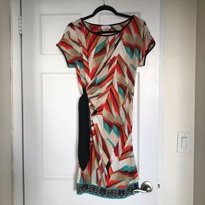 Calvin Klein teal orange red faux wrap dress with black belt & trim, size small
